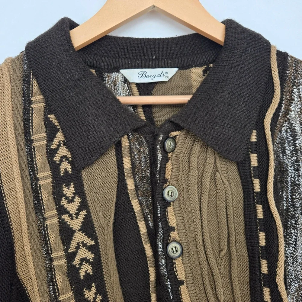 Vtg 90s Mens 2XL Coogi Style 3D Knit Textured Polo Collar Sweater Brown Tan Fall